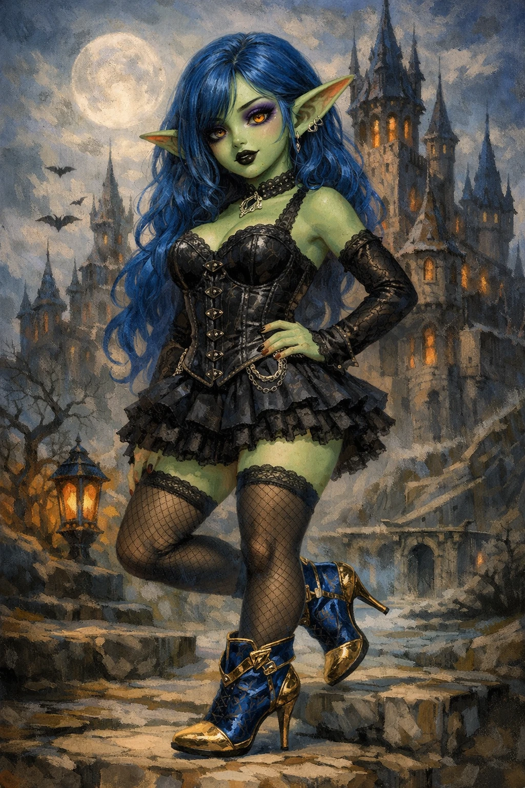 Chica goblin de anime con corsé gótico frente a un castillo de fantasía