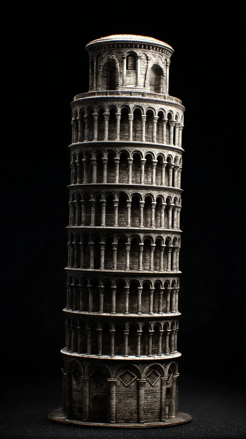 Leaning Tower of Pisa isolated against deep black background