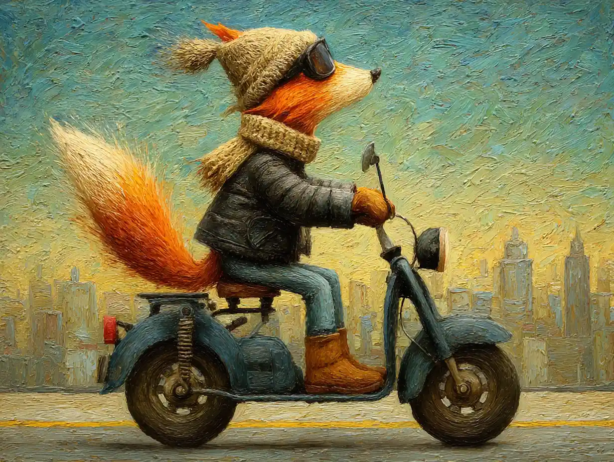 Joyful fox riding a motorcycle on a busy city highway