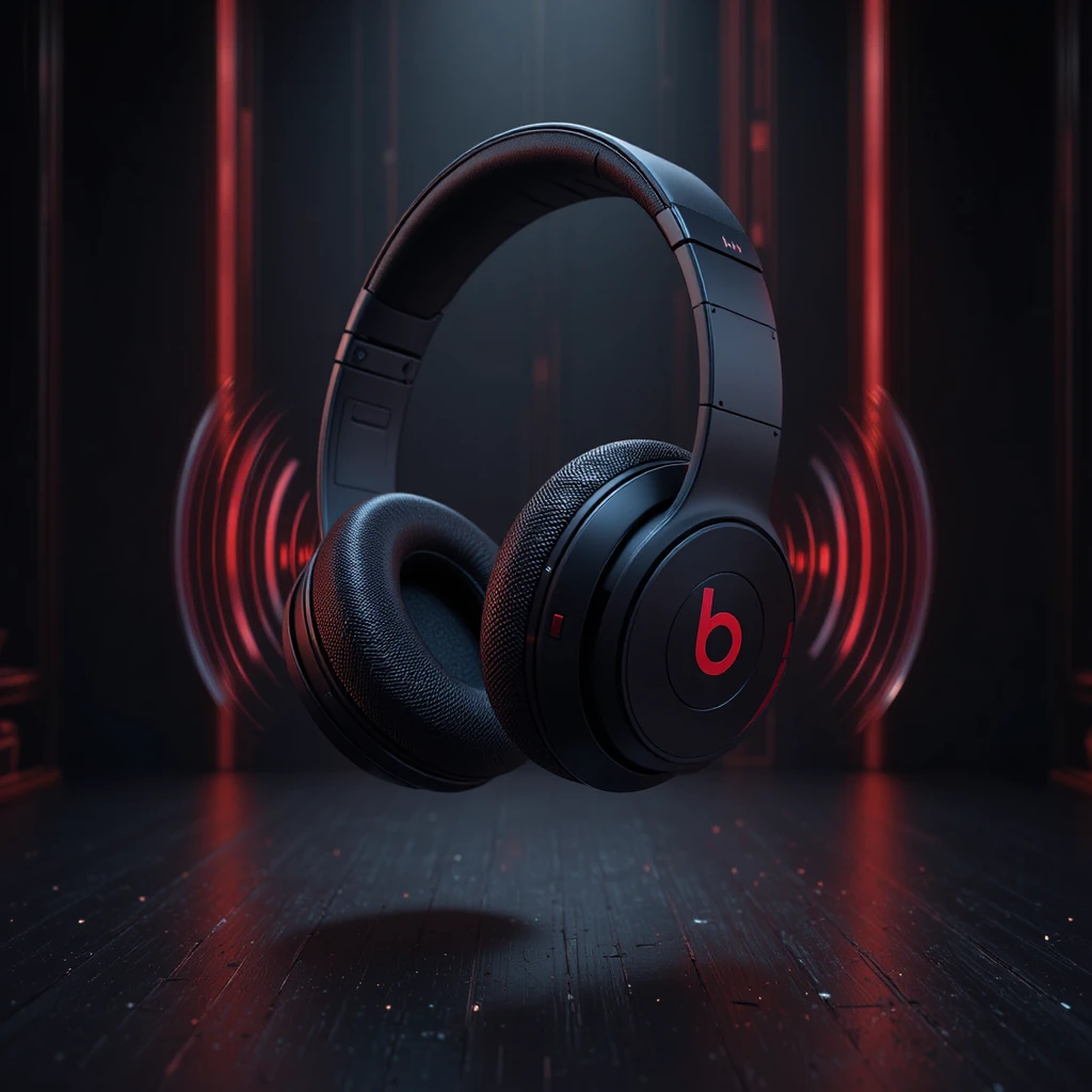 3D black headphones floating with radiating sound waves