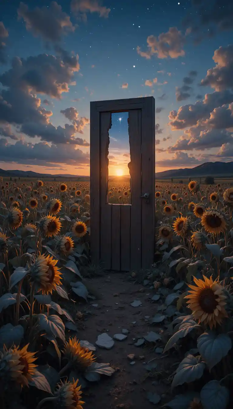 Puerta de madera desgastada entre girasoles marchitos al atardecer