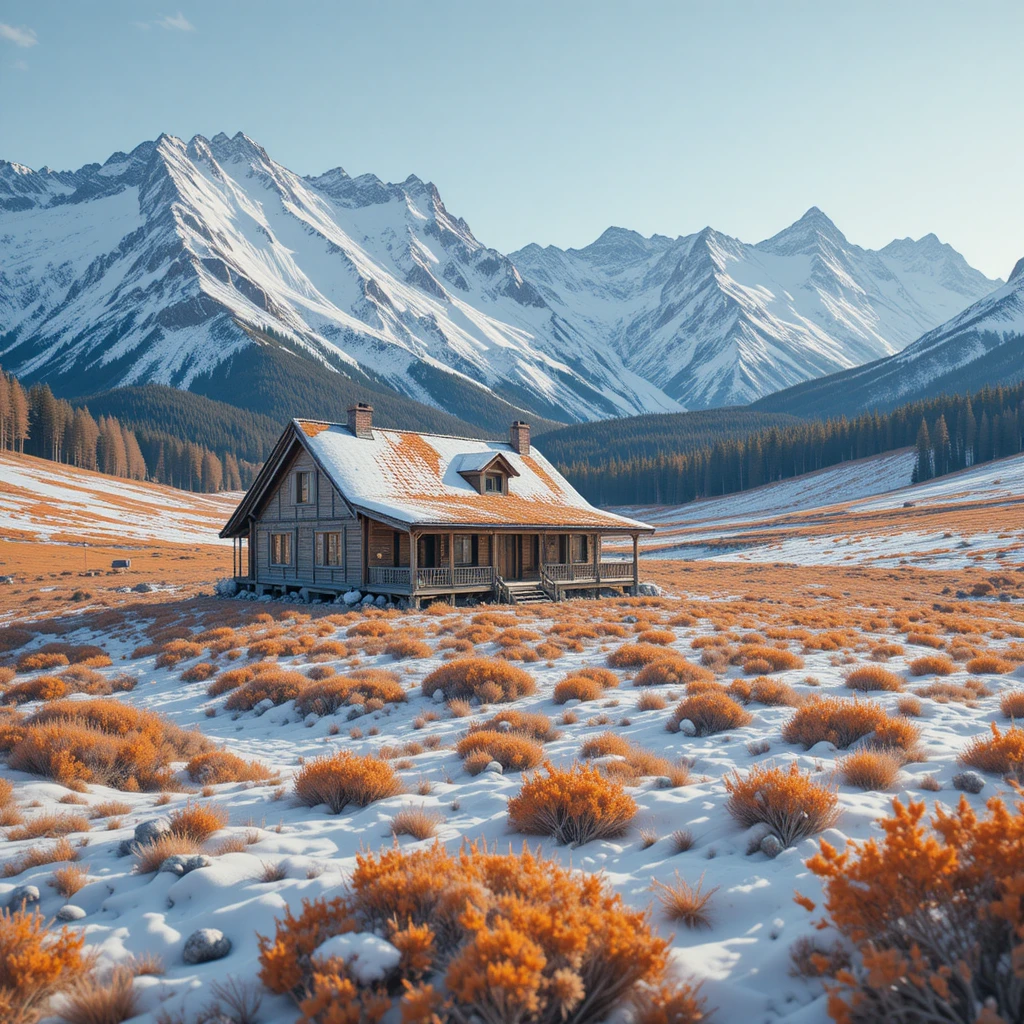 Cabane de montagne dans un paysage à moitié gelé et baigné de soleil