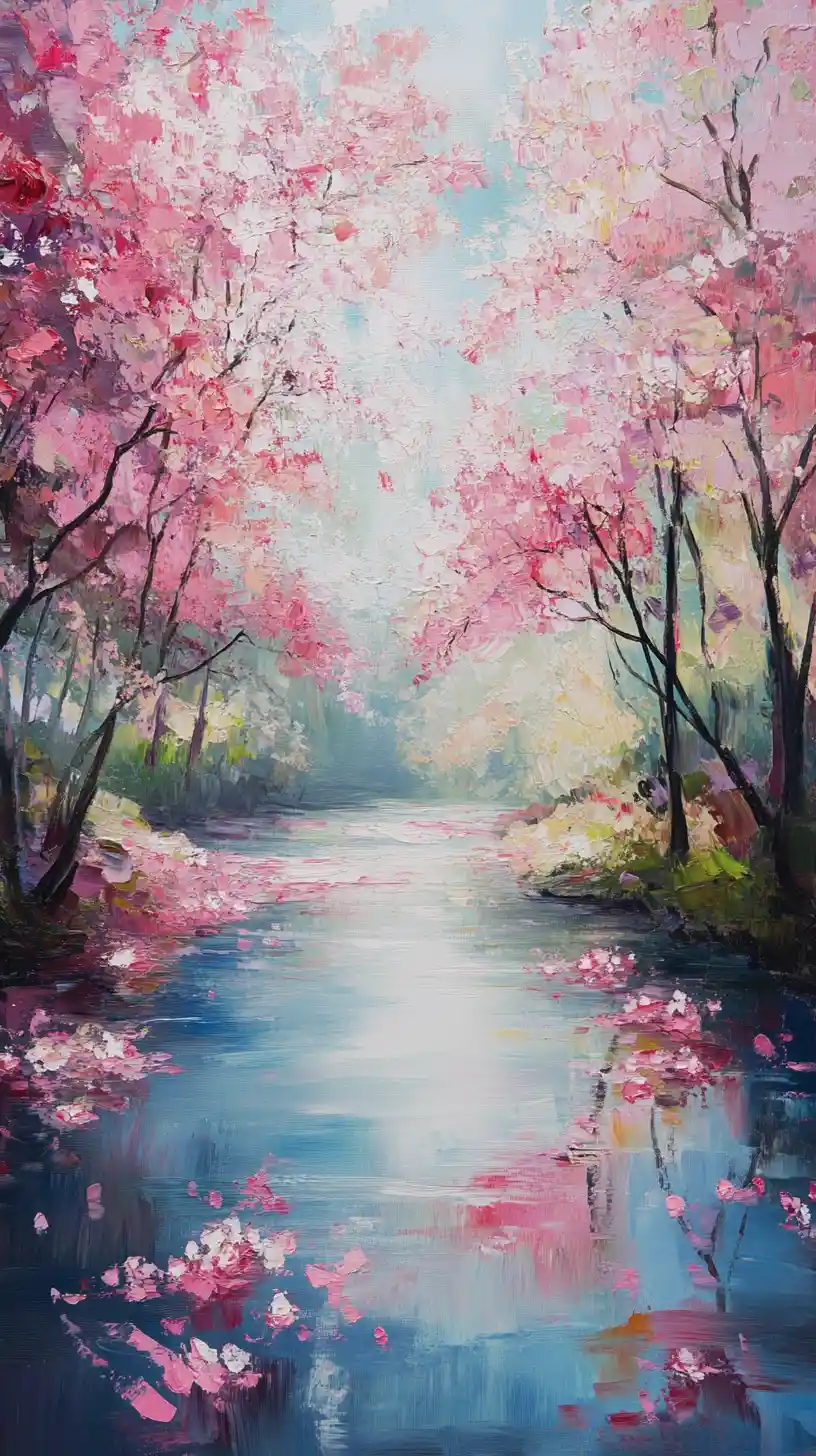 Impressionist painting of a cherry blossom stream