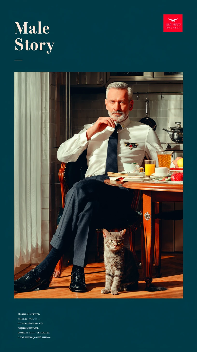 Piloto desayunando con un juguetón gatito rojo en la cocina