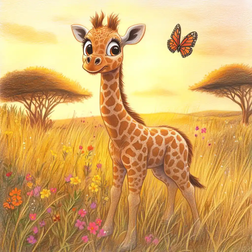 Baby giraffe watching a butterfly in golden savanna light