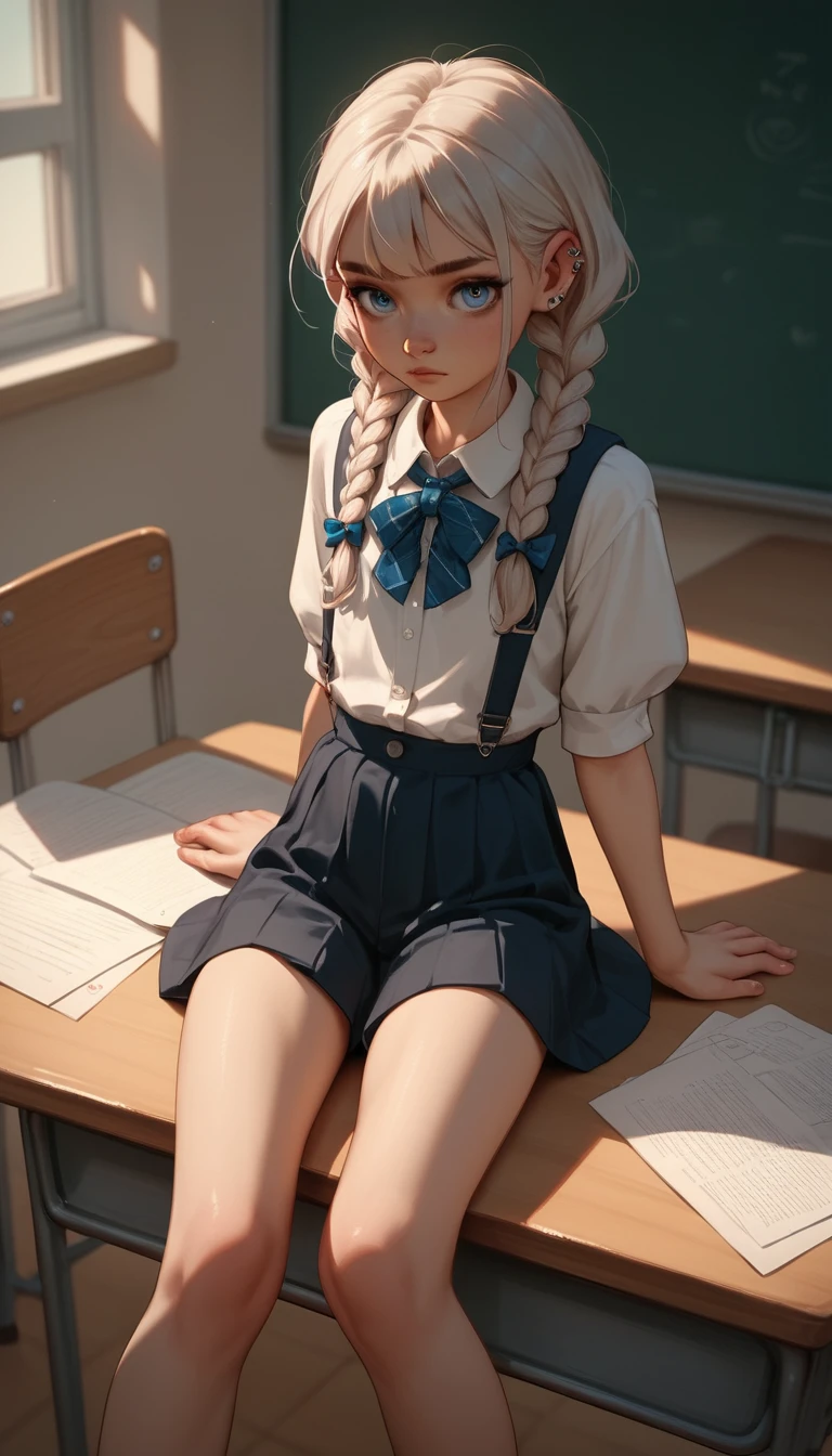 Young school girl sitting on a classroom desk