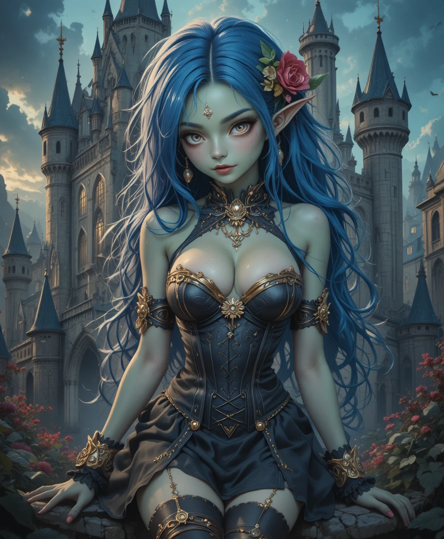 Chica duende con corsé gótico frente a un castillo de fantasía oscura