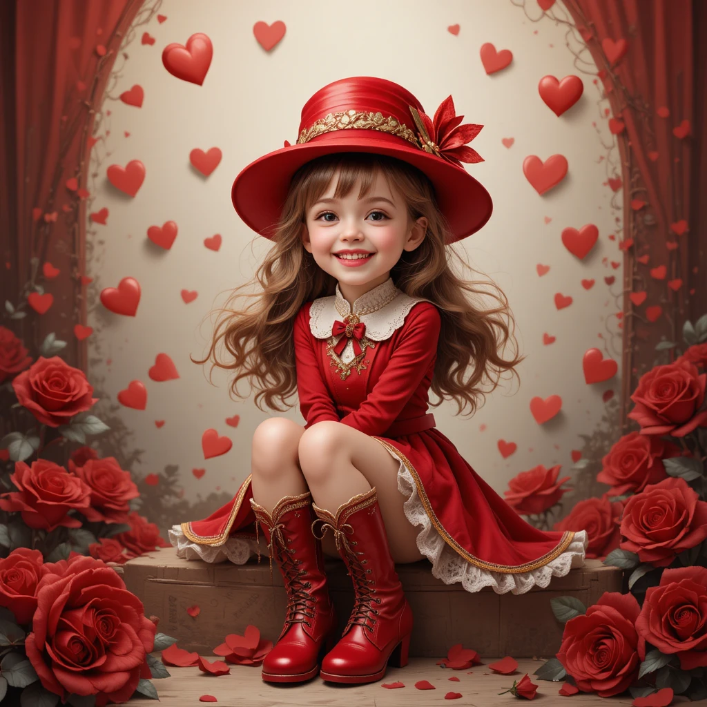 Joyful girl in red outfit with hearts and roses