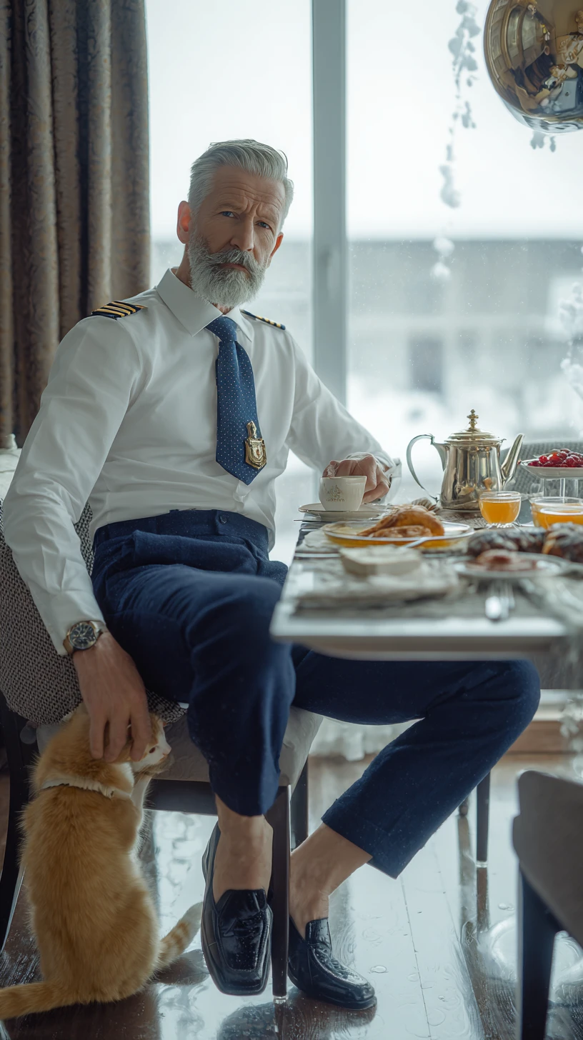 Airline pilot having breakfast in a bright modern kitchen