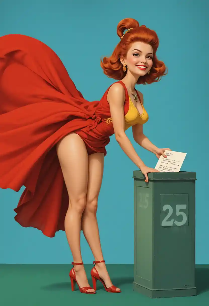 戶外寄信的俏皮紅髮復古 pin-up 女郎