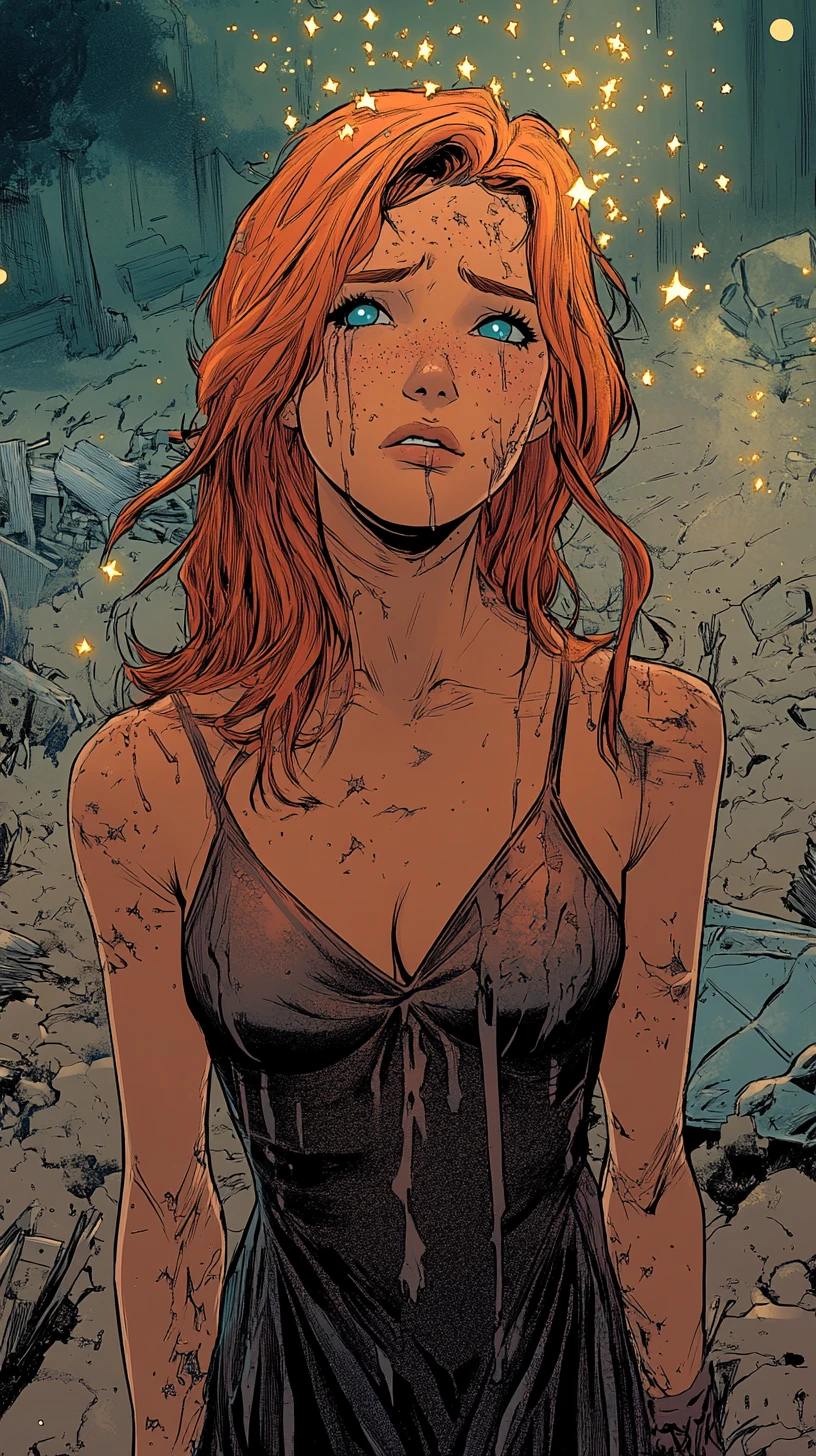 Weary heroine in a ruined post apocalyptic wasteland