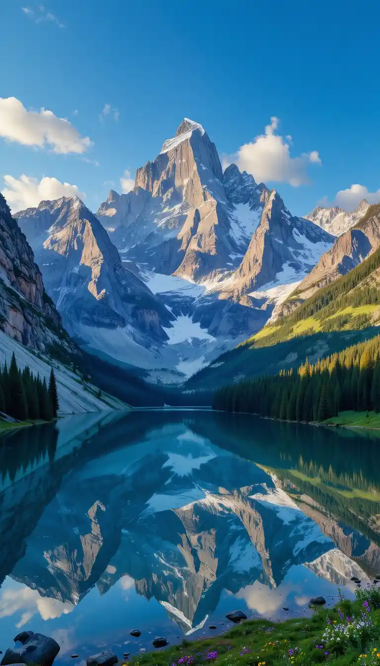 Sunlit snow capped mountains reflected in a tranquil lake