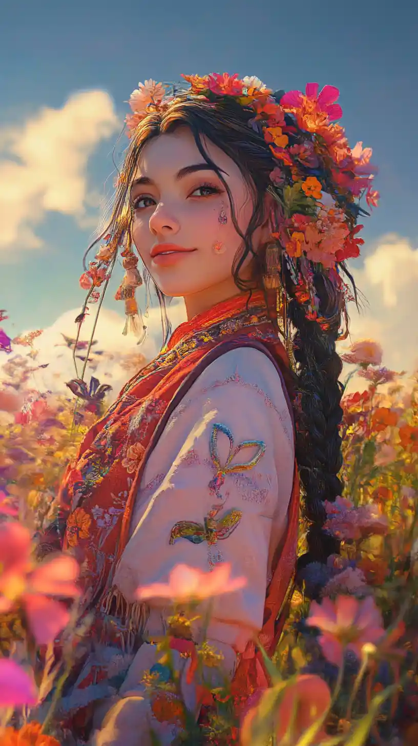 Smiling woman in traditional outfit amid colorful flowers
