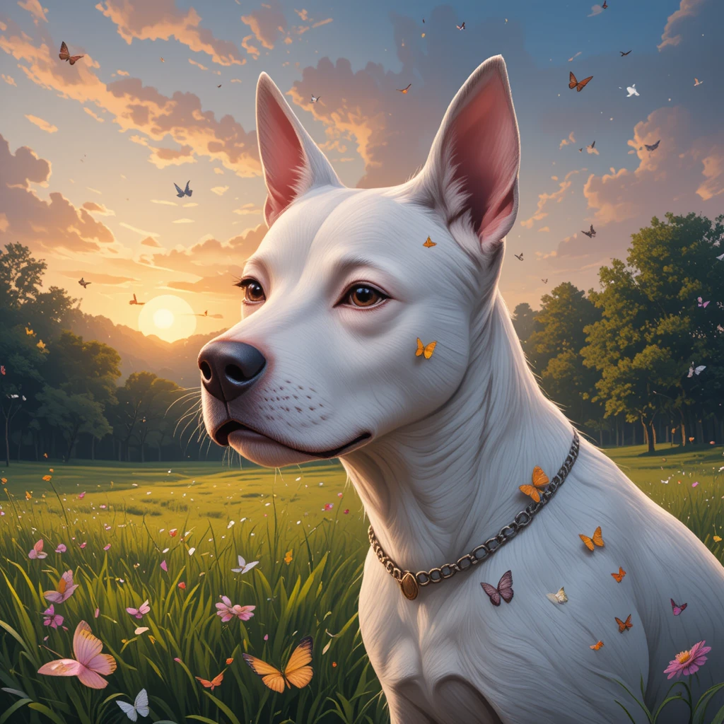 Gestromter Staffy-Hund im Sonnenaufgangspark mit Schmetterlingen