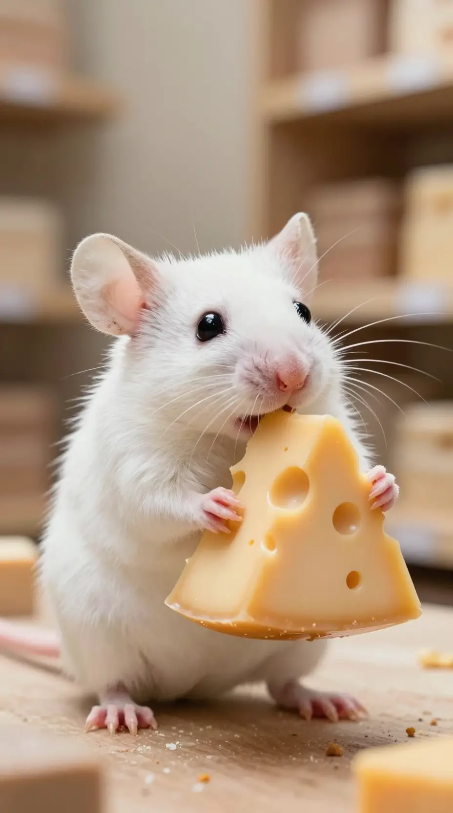 Tiny white mouse clutching a wedge of glowing cheese