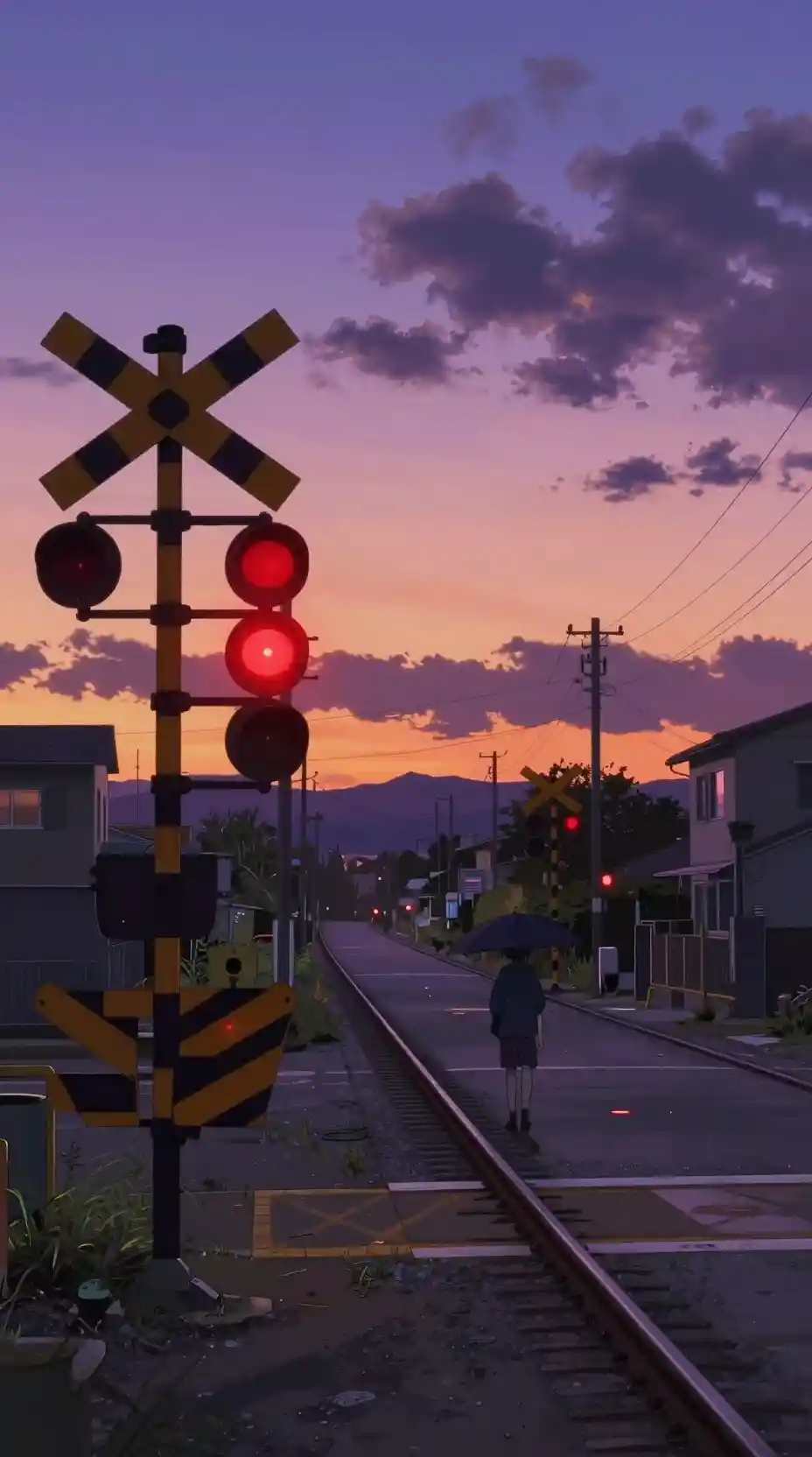 Anime railway crossing at twilight with lone umbrella figure