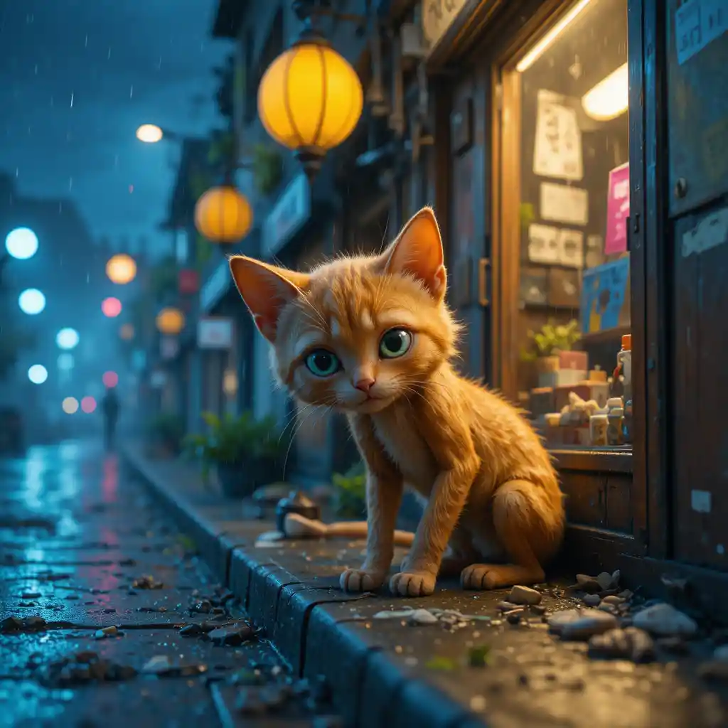 Dünne orangefarbene Katze, die sich neben einem Straßenladen in der regnerischen Nacht versteckt
