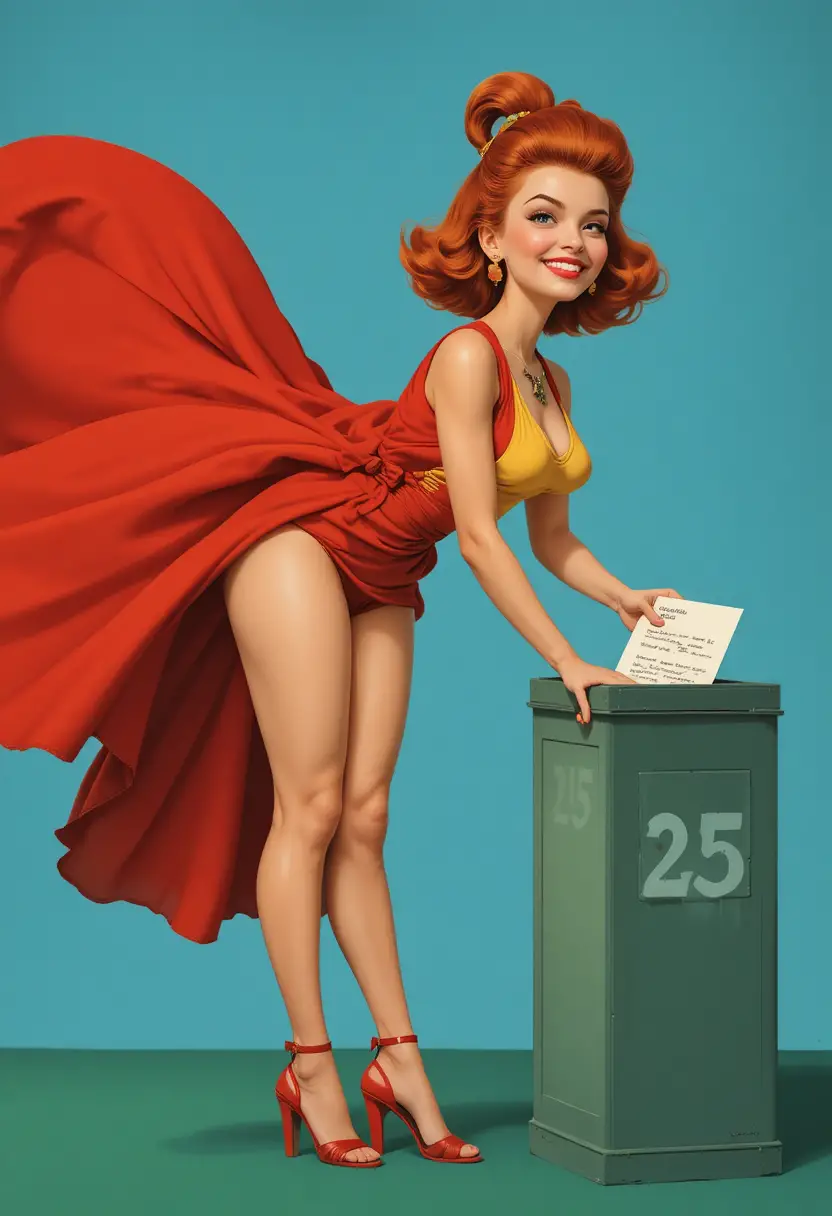 Playful redhead pin up mailing a letter outdoors