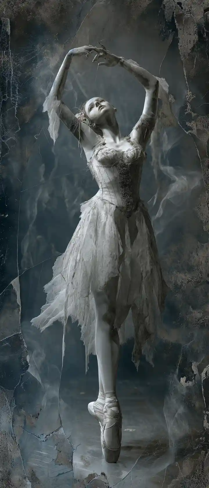 Ghostly ballroom dancers in a ruined obsidian hall