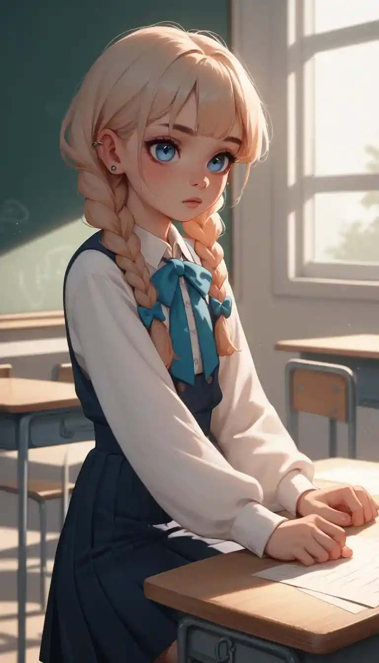 Young girl with braids sitting on a school desk
