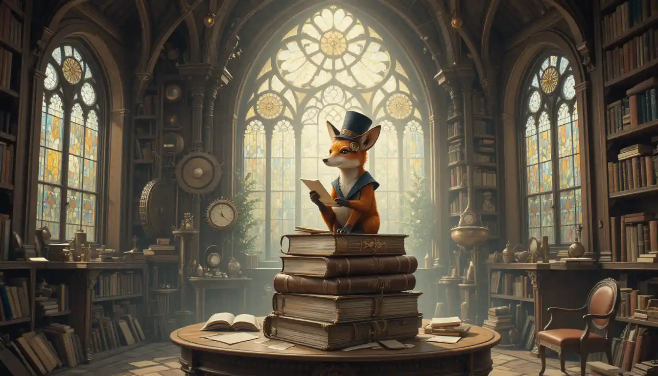 Biblioteca Steampunk Fantástica con Zorro Leyendo una Carta de Amor
