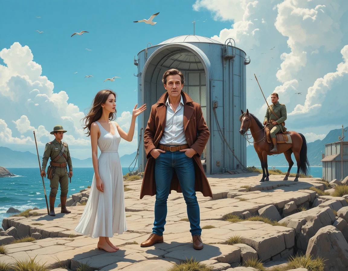 Pleading woman and surprised man on a rocky seaside coast