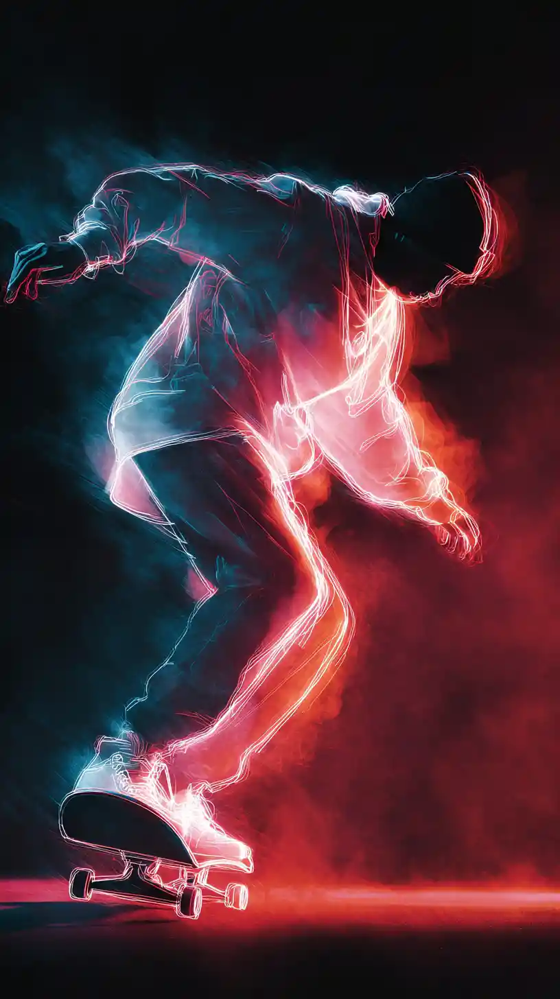 Neon Skateboarder In Dynamic Motion On Black Background