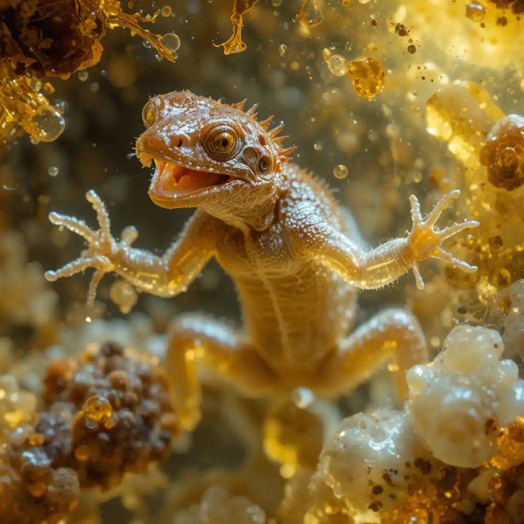 Gecko Encastré dans l’Ambre Dorée en Vue Macro Dramatique