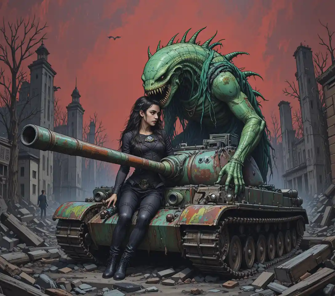 Rusted military tank stranded in a devastated cityscape