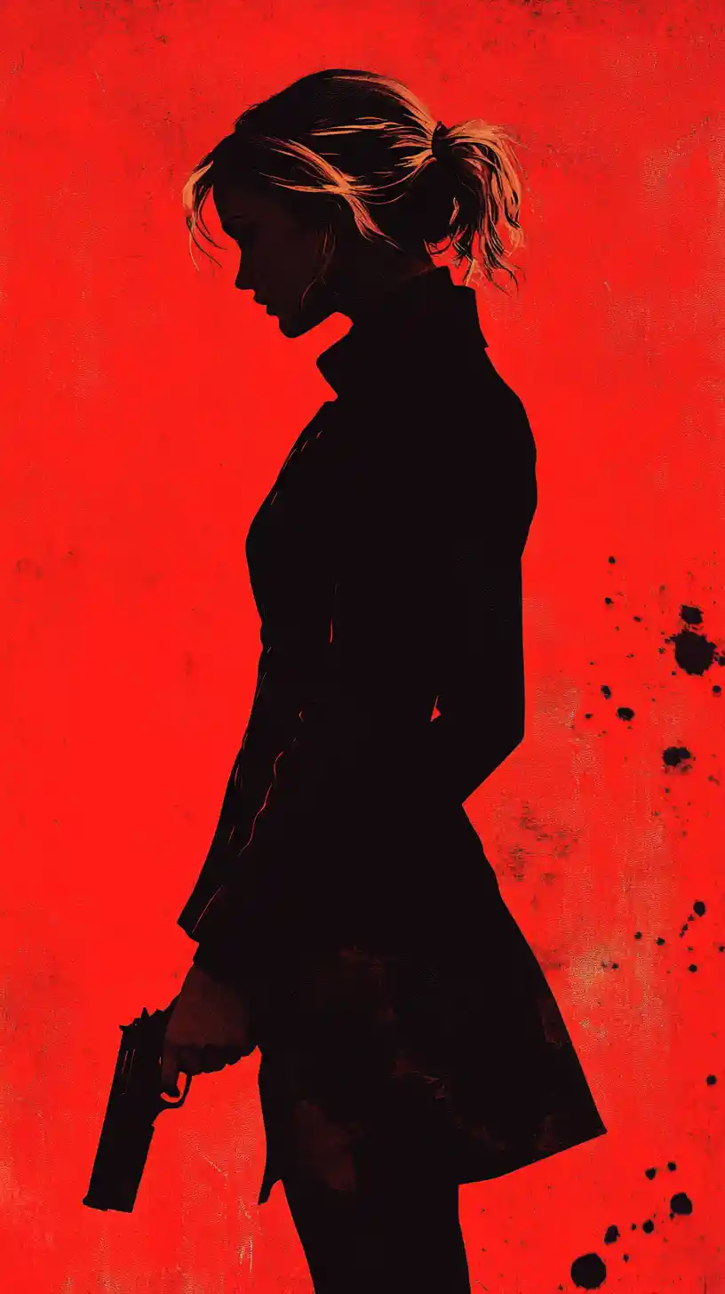 Silhouette de fille avec un pistolet sur fond graphique rouge