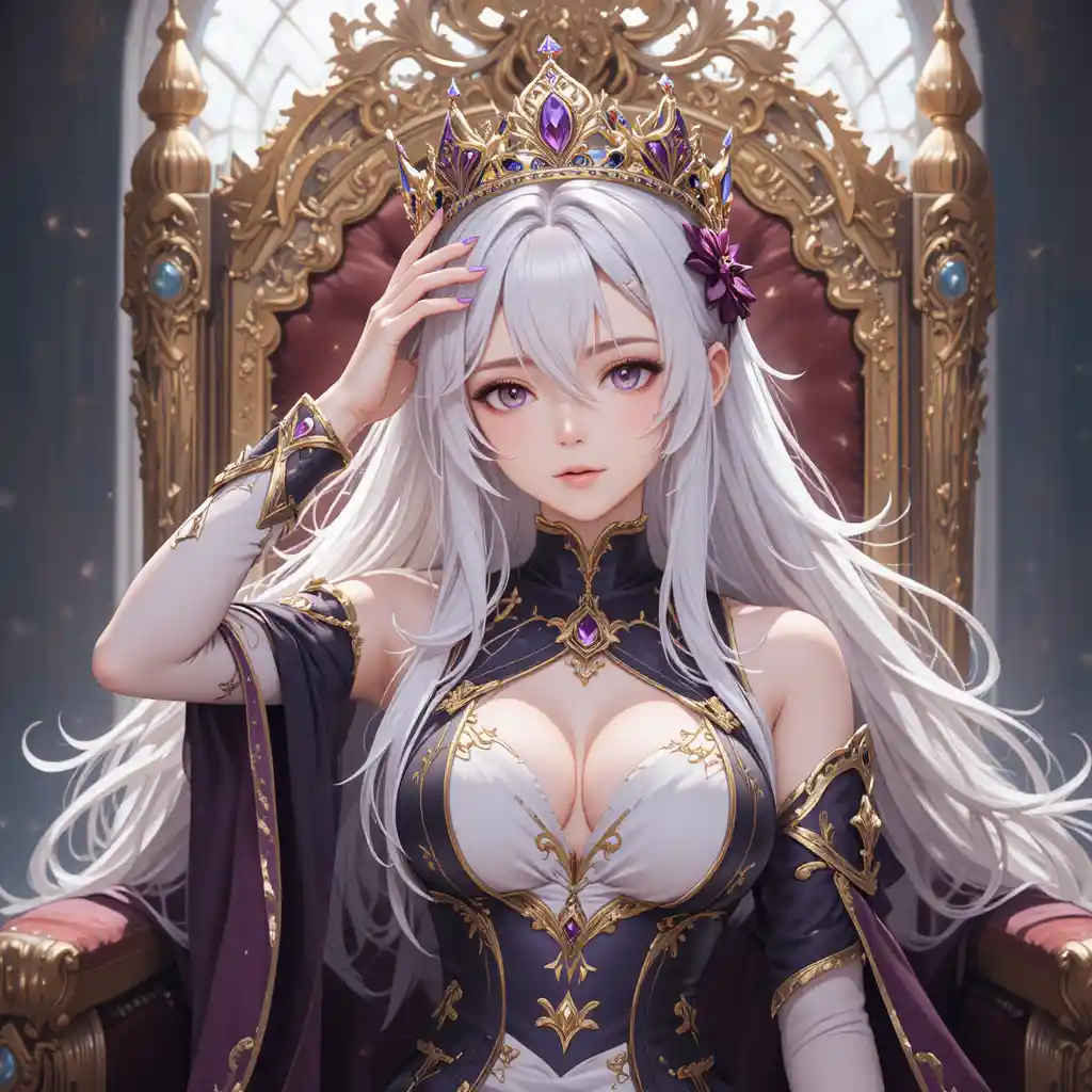 White haired anime girl on a royal throne holding a crown
