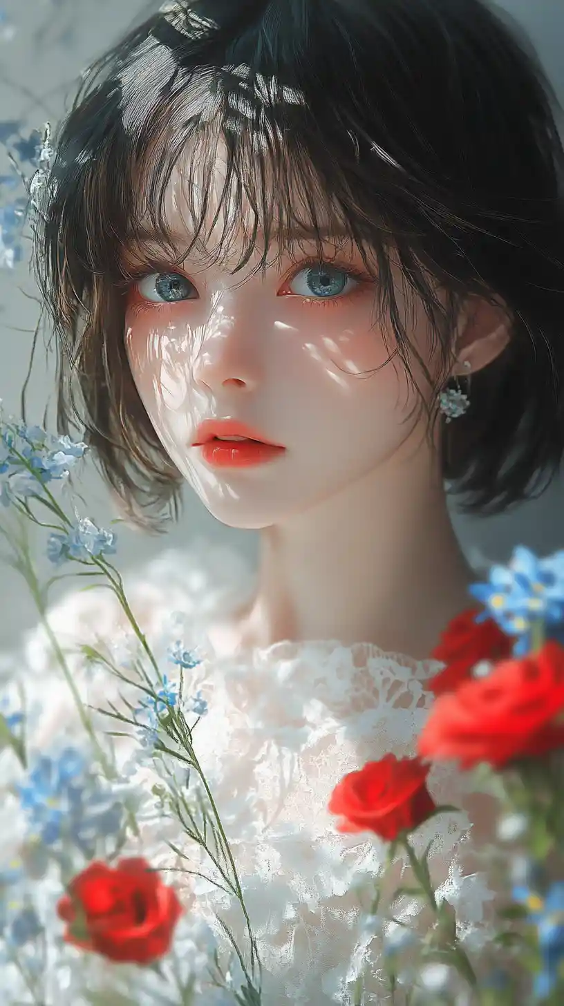 Anime girl behind red roses in soft glowing light
