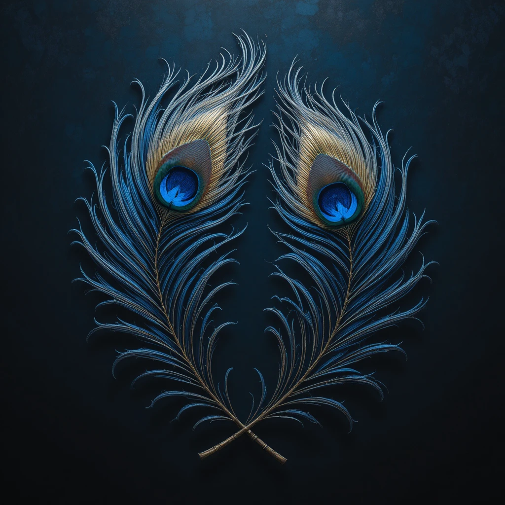 Intertwined blue and gold peacock feathers on dark background