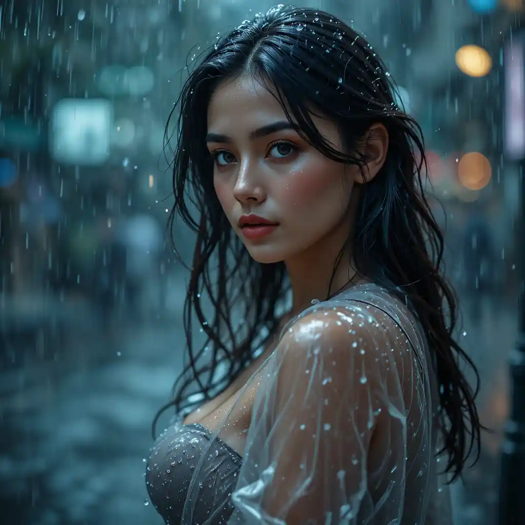 Young woman in a translucent raincoat standing in heavy rain