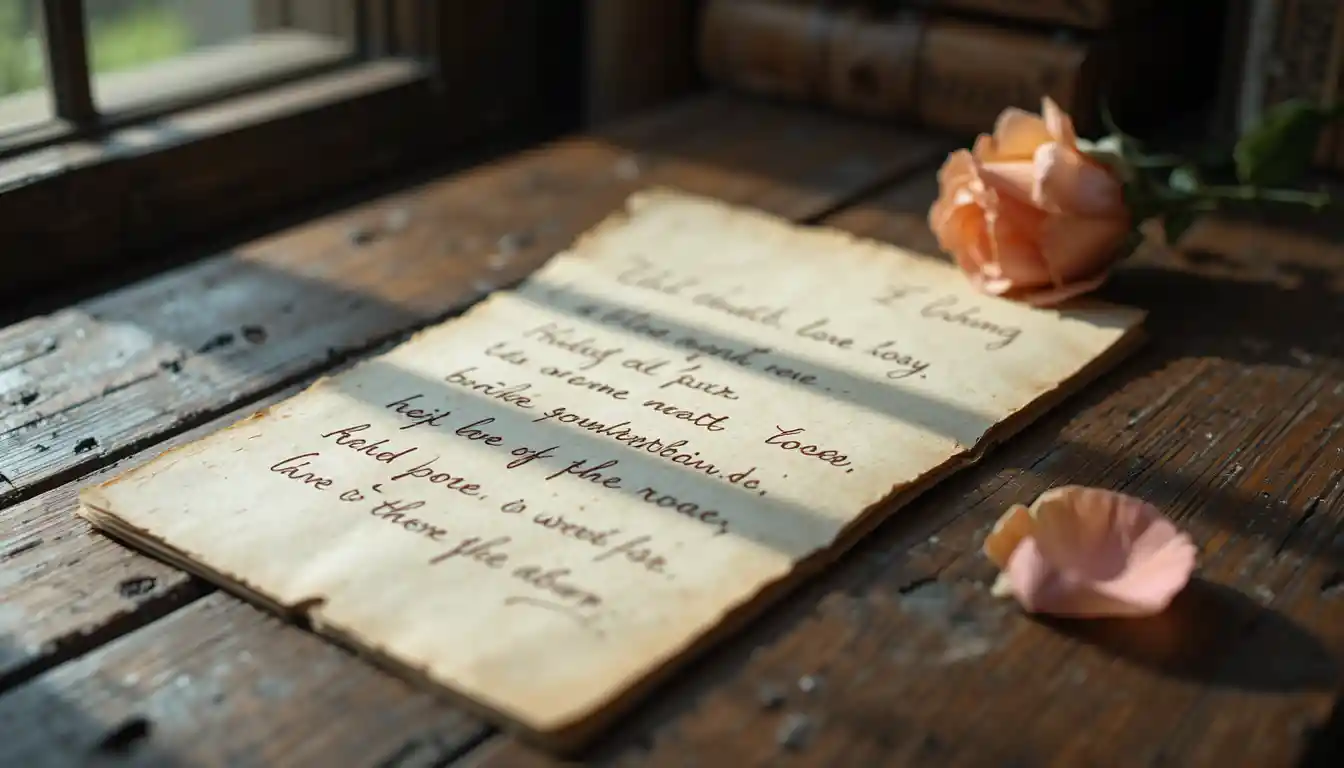 Close up love letter on wooden desk with rose petal