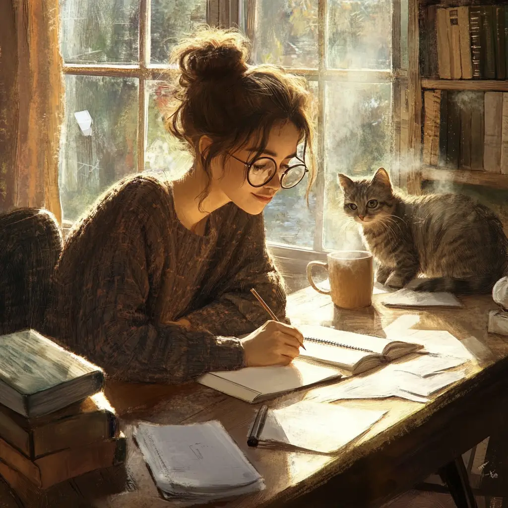 Woman sketching at a wooden desk with a curious cat