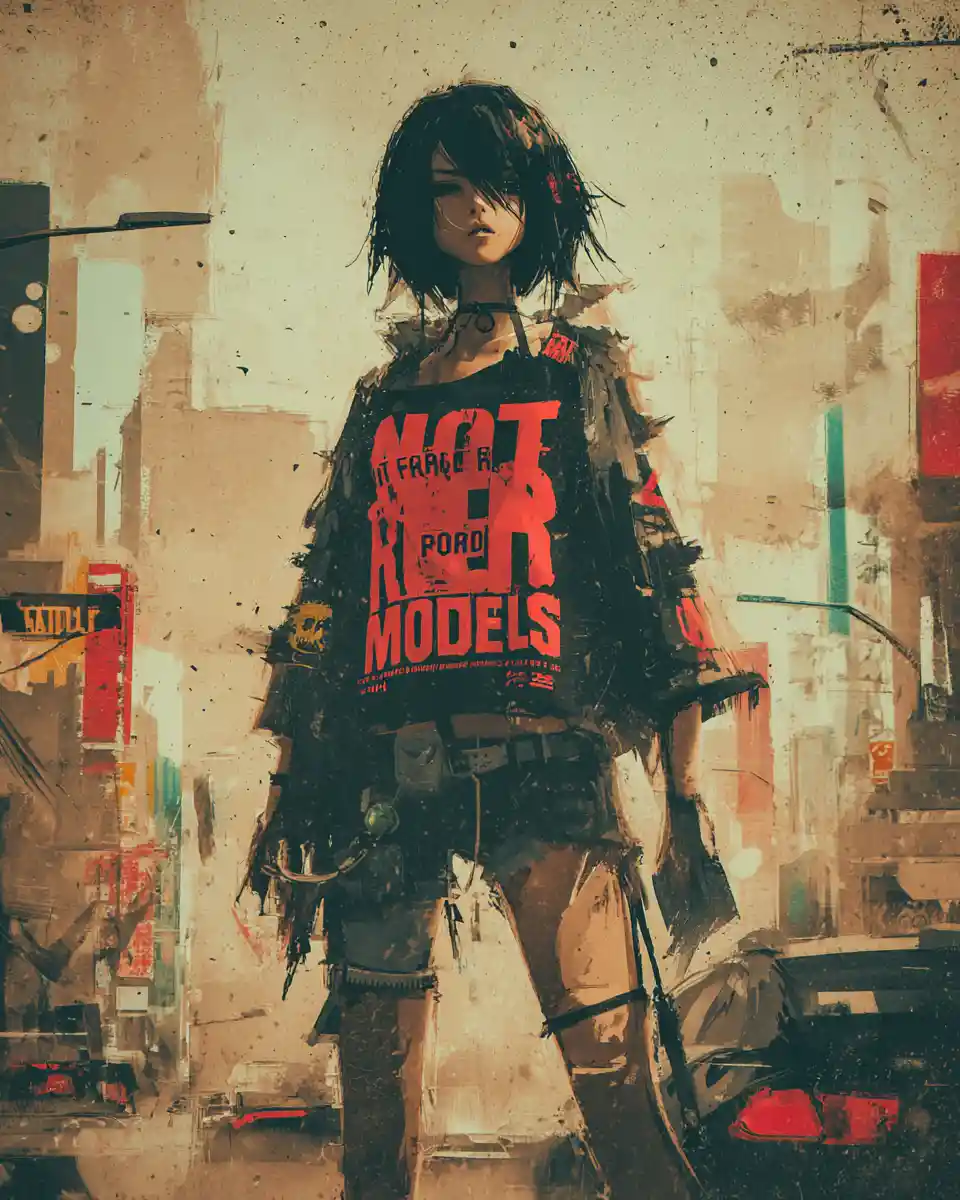 Young woman on a faded city street at dusk