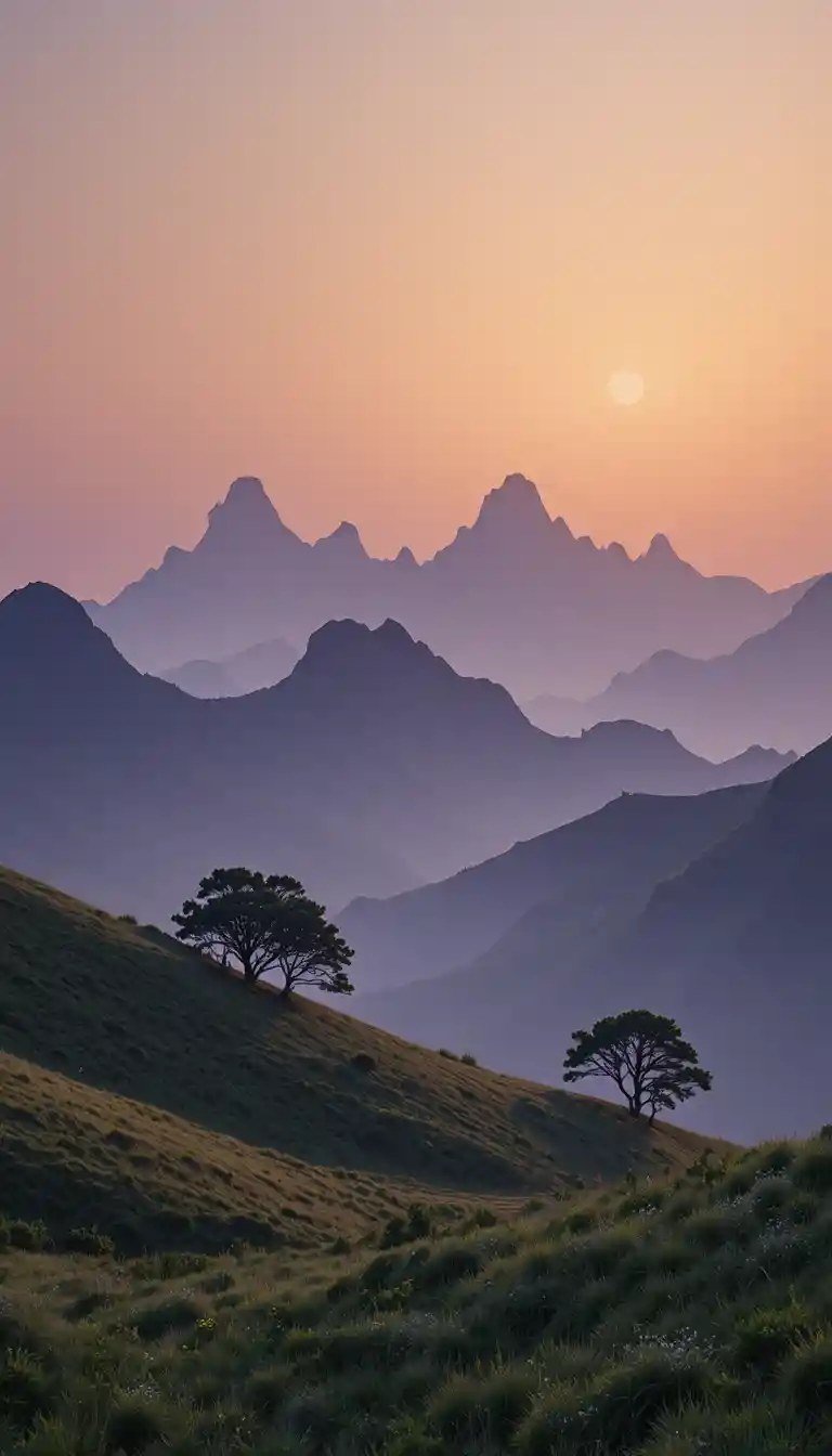 柔らかな朝焼けグラデーションの空とミニマルな山の風景