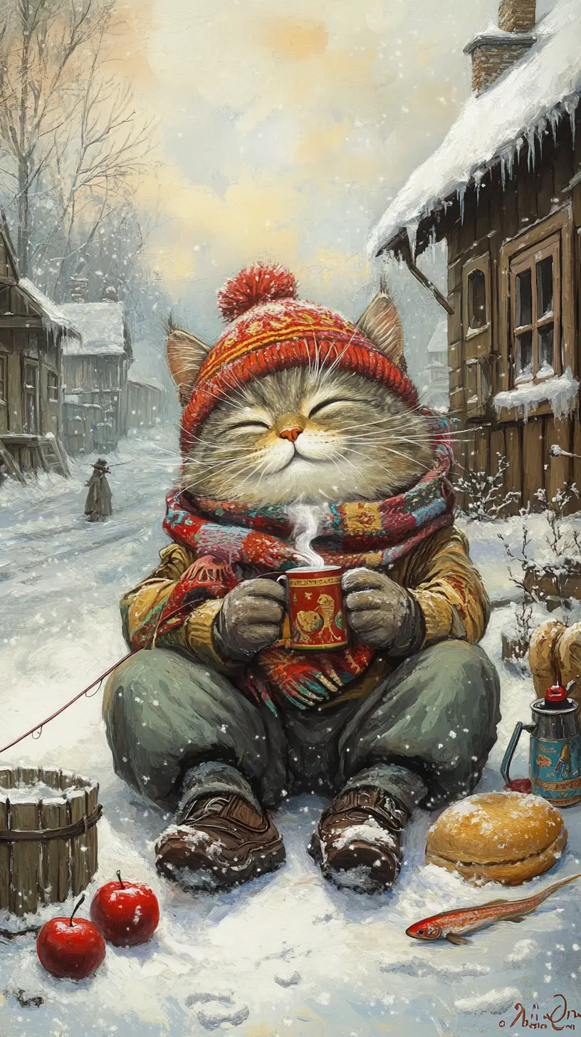 Cozy winter cat enjoying hot tea before a wooden house