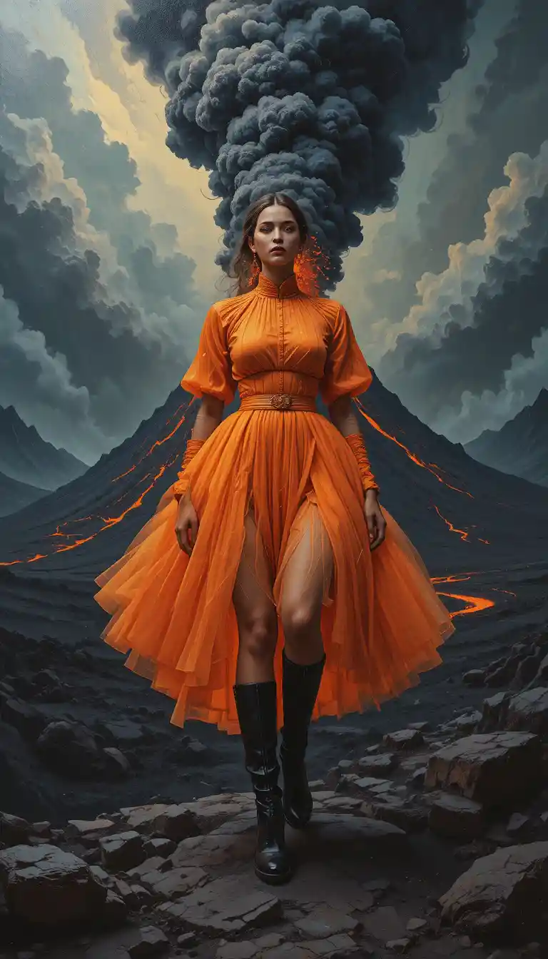噴火する火山と劇的な岩山のシュルレアル絵画