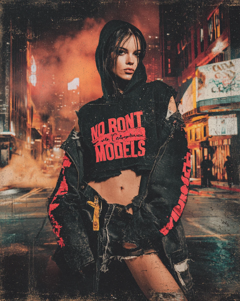 Defiant young woman on a hazy gritty city street