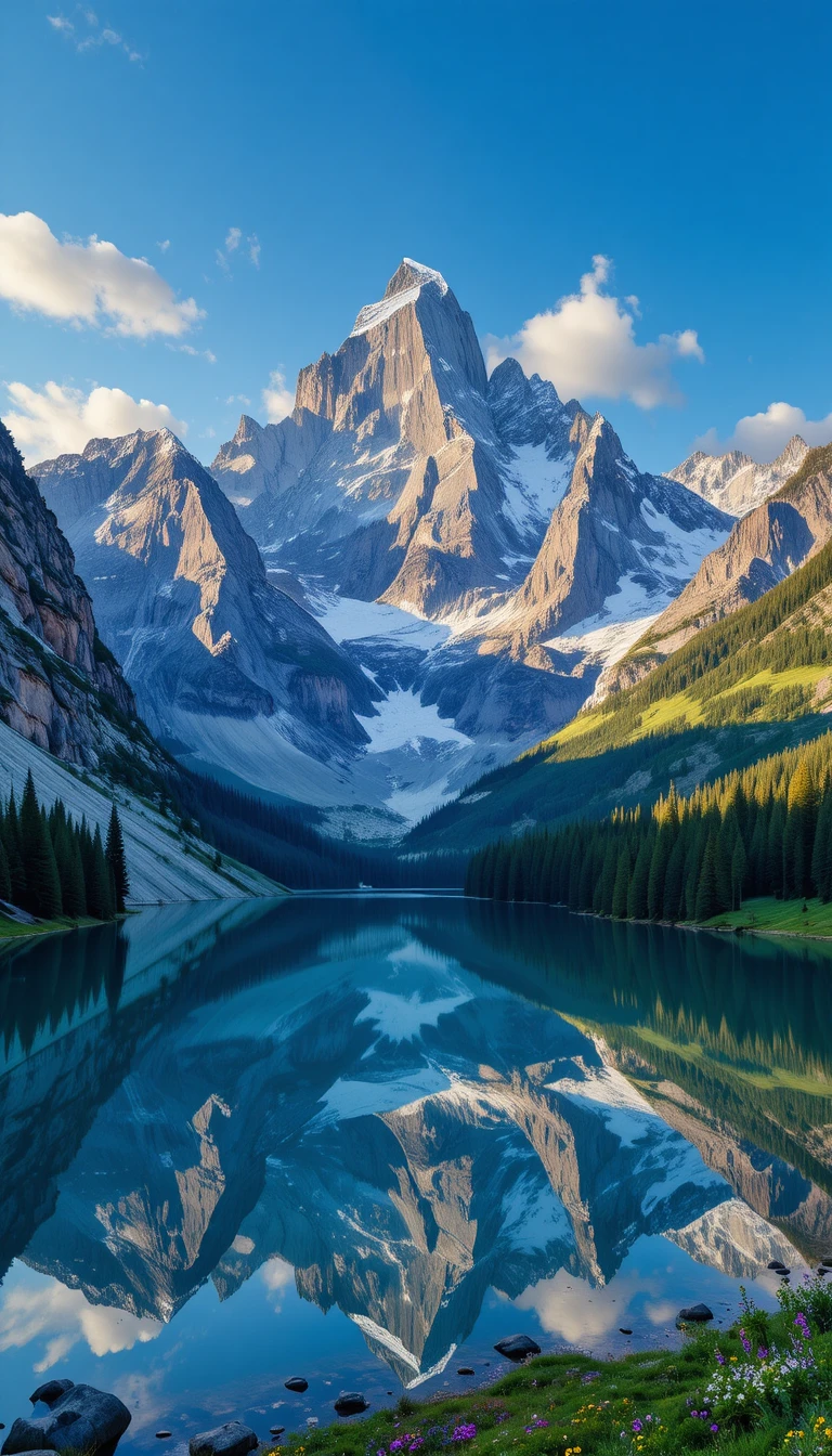 Montañas nevadas al sol reflejadas en un lago tranquilo