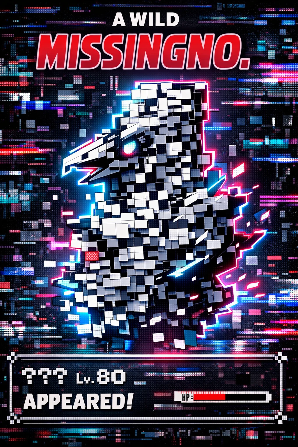 Glitched pixel creature in a corrupted digital matrix
