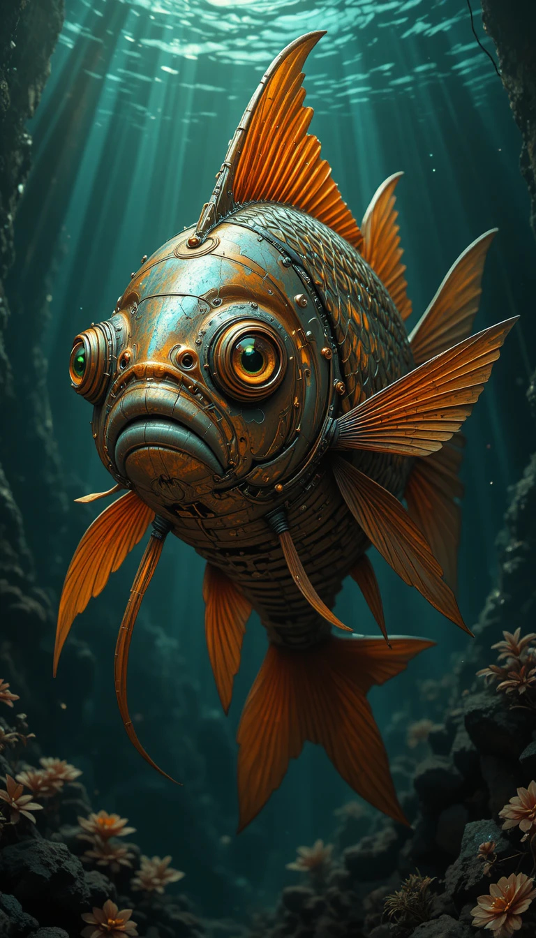 Pez dorado surrealista de fantasía oscura en primer plano con ojos brillantes