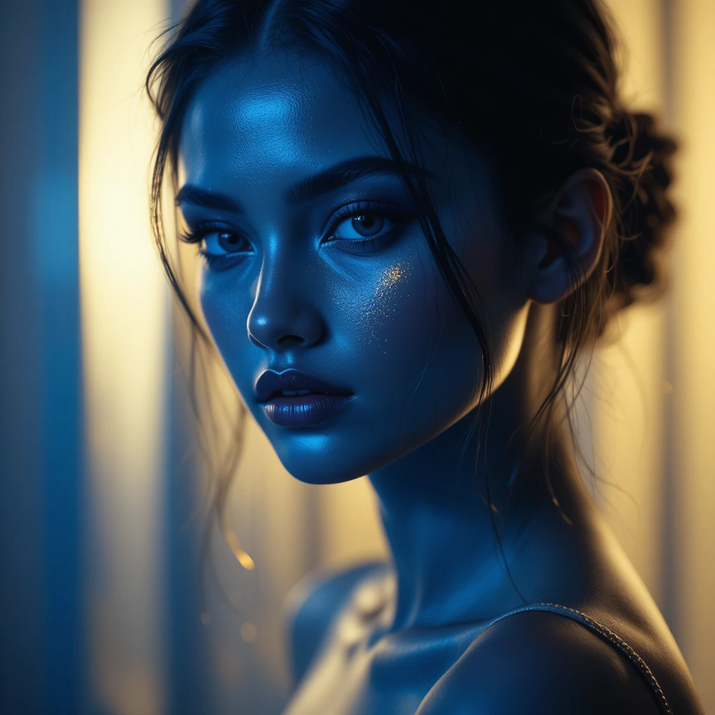 Portrait cinématographique en bleu royal et or métallique