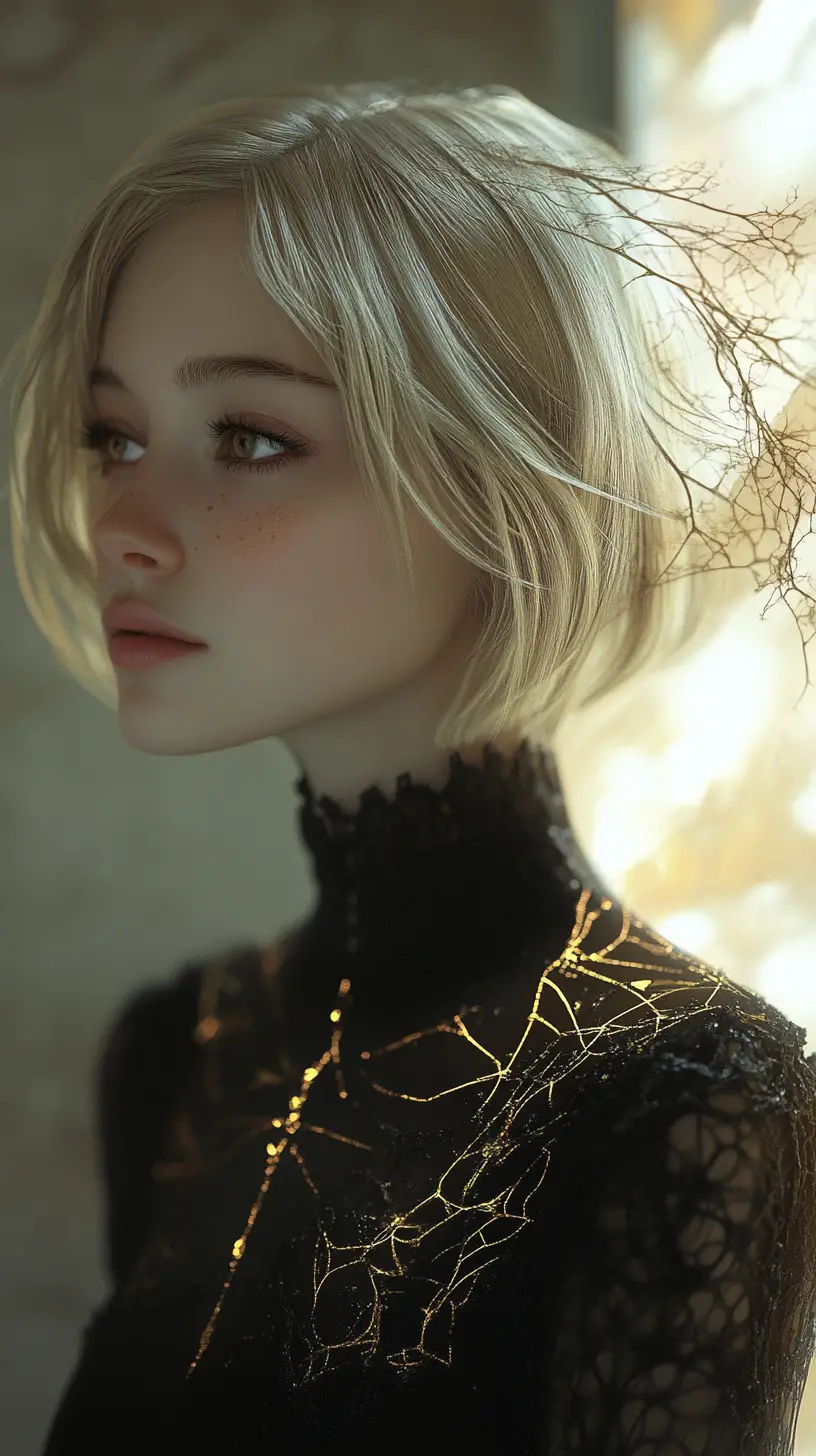 Serene anime girl portrait with silver bob and golden accents