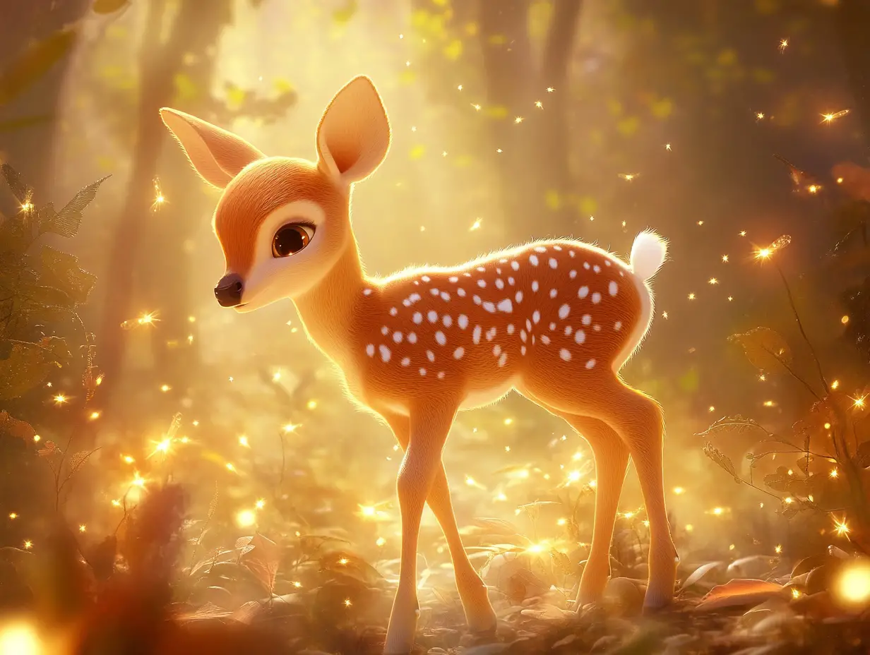 Baby deer standing in a magical firefly forest glade