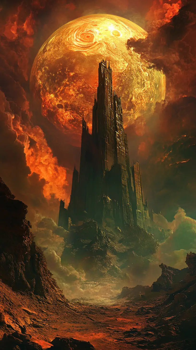 Surreal Dystopian Desert With Towering Ruins And Burning Sky
