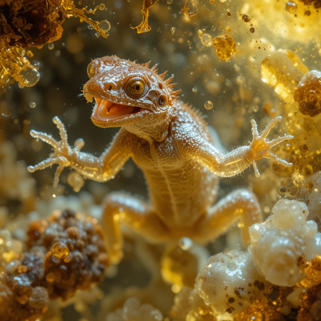 Gecko Encastré dans l’Ambre Dorée en Vue Macro Dramatique
