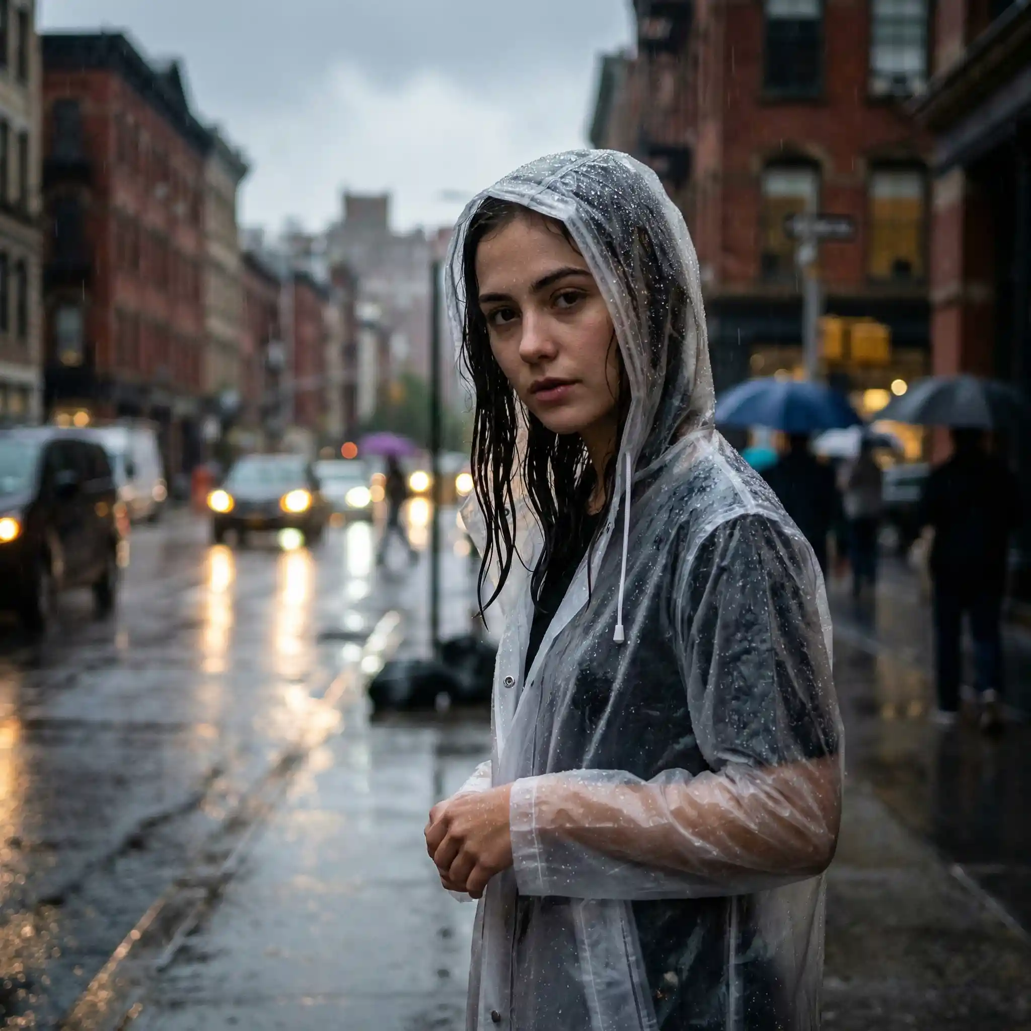 Junge Frau im Regen mit einem halbtransparenten Regenmantel